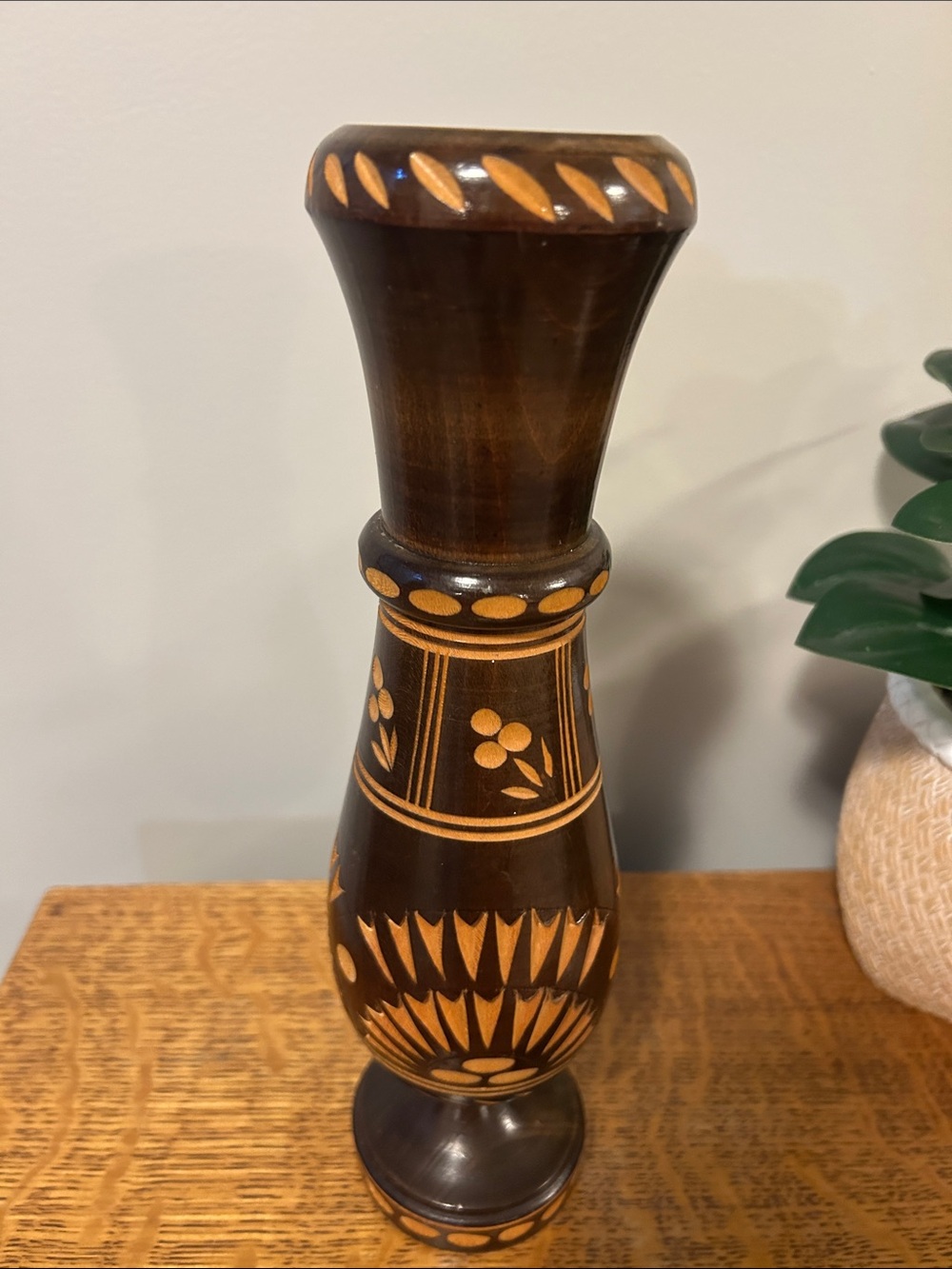 Vintage Hand-Carved Wooden Vase 11”
Folk Art Eastern European Decor